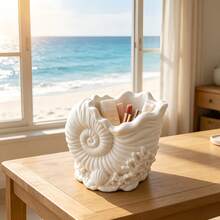 1pc 3D Cosmetic Storage Box, Shell Coral Makeup Brush Holder, Ocean Theme Seashell Desktop Organizer, Coastal Style Cosmetic Storage Cup, For Storing Brushes, Eyebrow Pencils, Etc. Beautiful Vanity Desktop Container, A Favorite Home Office Vanity Decor Gift For Ocean Lovers. Hair Organizer - White - View 3
