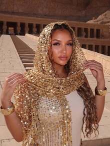 1 pièce Foulard bohème de style rue pour femmes avec paillettes dorées et franges, foulard de soirée de luxe en maille pour femmes, foulard brillant, convient pour la rentrée scolaire, les fêtes de campus, les vacances à la plage, les voyages de vacances, Halloween - Doré - Voir 11