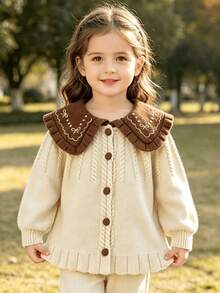 WUHUANG YIYI Girls' Simple Cute Turn-Down Collar Floral Pattern Solid Color Cable Knit Cardigan Sweater, Sweet Versatile Daily Wear For Autumn/Winter - Beige - View 3
