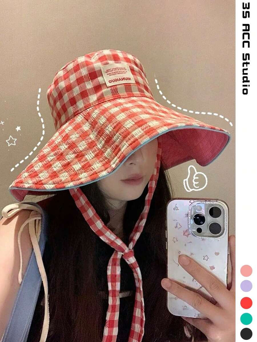 復古格紋拼接撞色掛繩寬簷水桶帽 波希米亞度假風 春夏防曬帽 亮色單色系 繫帶款 UV防護 旅行返校適用