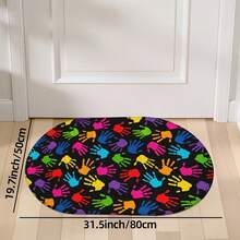 1pc Oval Flannel Doormat, Colorful Handprint Pattern, Soft, Absorbent, Non-Slip, Machine Washable With Backing, Suitable For Doorway, Living Room, Bedroom, Kitchen, Bathroom, Laundry Room, Patio, Holiday Decoration, Multi-Functional Floor Mat - Multicolor - View 14