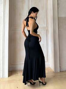 1pc Solid Color Elegant Knit Fabric Sleeveless Dress Beach Summer - Black - View 4
