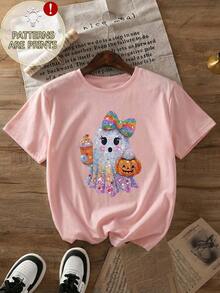 Plus Size Women's Daily Ghost Pumpkin Coffee Print Round Neck Short Sleeve Casual Spring/Fall/Summer Plus-Size T-Shirt Top Going Out Tops Women - Pink - View 3