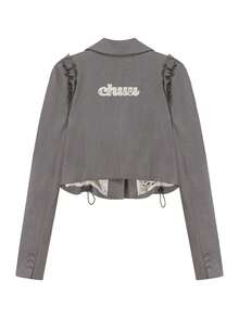 CHUU Letter Print Loose Fit Frill Trim Long Sleeve Casual Blazer Short Jacket For Women, Autumn - Grey - View 11
