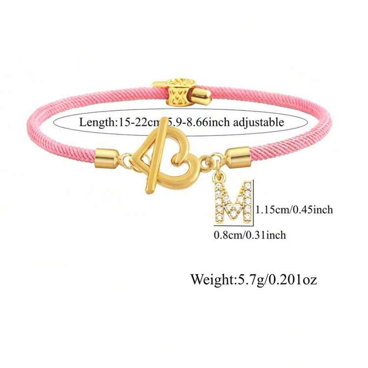 1pc A-Z Letter Heart Buckle Adjustable Braided Rope Bracelet For Women - Style 27 - View 2