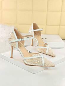 European And American Style Sexy Party High Heel Women's Shoes With Single Strap Pointed Toe Stiletto Heel Premium Lace Mesh Pumps - White - View 3