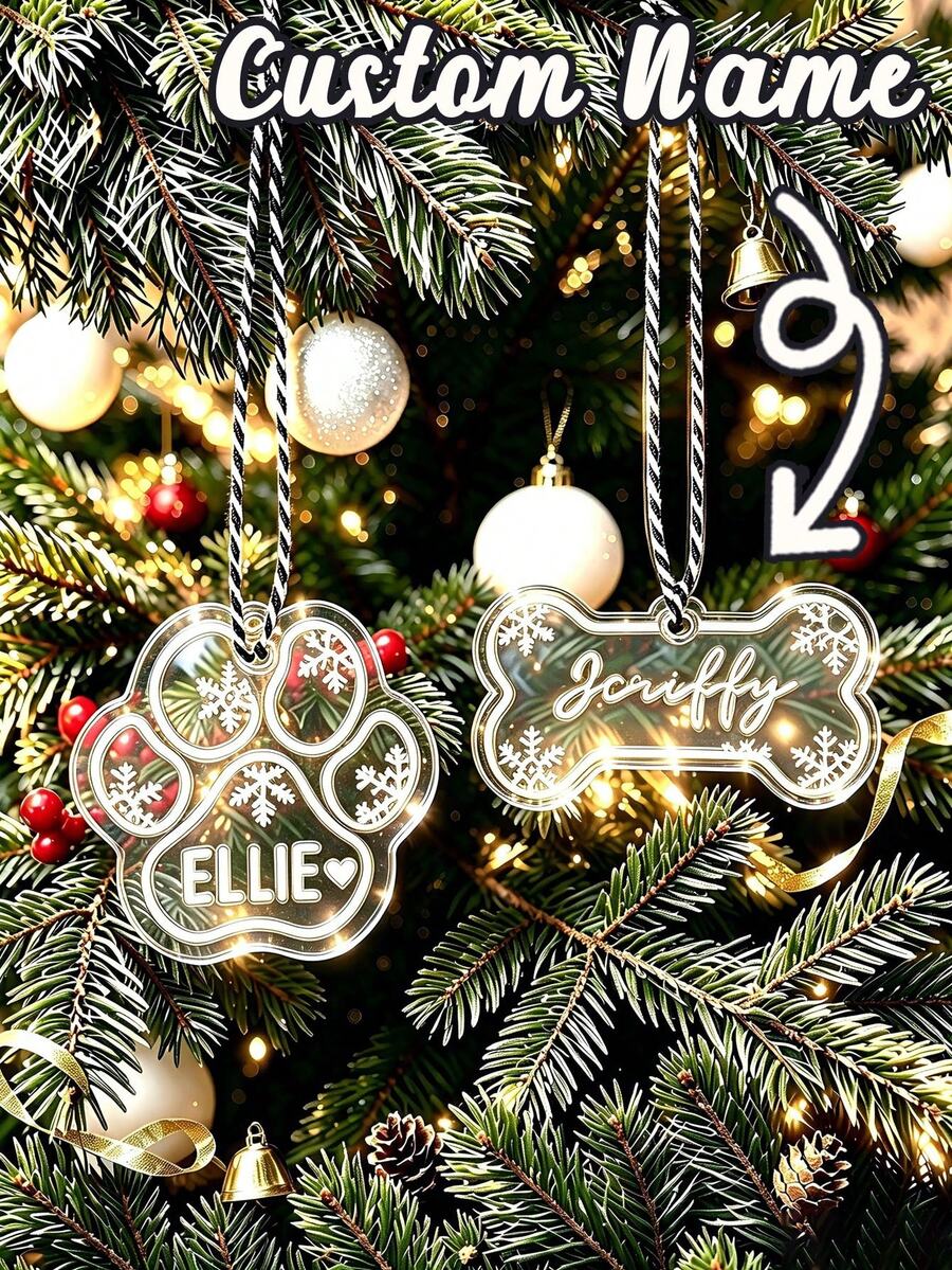 LICVIC Custom Paw Print Bone Christmas Ornament, Personalized Pet Name Tree Decor, Festive Snowflake Holiday Style, Customized Name Christmas Hanging Ornament, Customizable Pet Keepsake, Christmas Tree Decoration, Christmas Gift 2026, Pet Keepsakes, Family - White - View 1