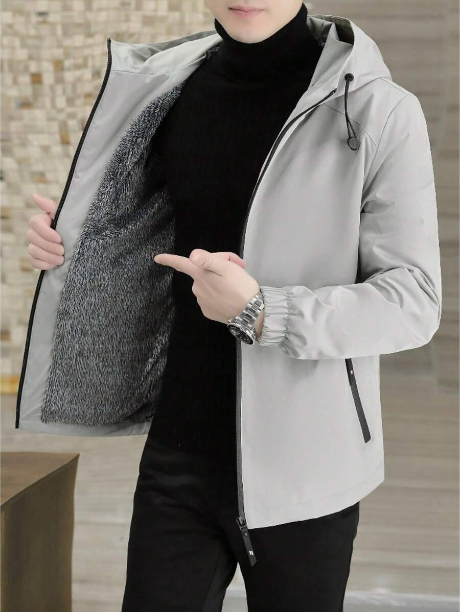 Wind-Resistant Zip-Up Coat For Autumn Outdoor Activities, Stylish And Warm Casual Hooded Solid Color OuterwearMen'S Fleece Jacket, - Light Grey - View 1