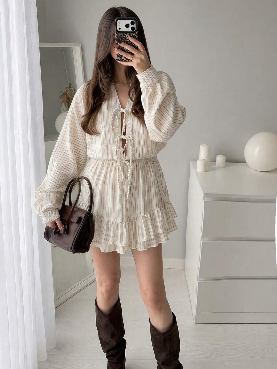 Women's Striped Print Casual Elegant Tie-Front Long Sleeve Shirt And Elastic Waist Ruffle Hem Shorts Set, Suitable For Beach, Vacation And Daily Wear, Spring/Summer - Apricot - View 1