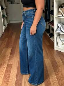 Washed Denim High Waist Draped Wide Leg Long Casual Jeans Plus Size Women's Denim Pants Fall - Dark Blue - View 3