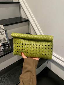 純色PU皮革輕量大容量翻蓋磁扣小方包，多功能派對與晚餐包，適合女性 - 綠色 - 查看 11