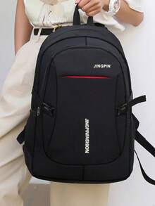 Waterproof Oxford Fabric, Logo, Multi-Pocket Design, Side Water Bottle Holder, Thickened Adjustable Shoulder Strap, Fashion Laptop Backpack, Unisex, Suitable For School And Travel - Black - View 9
