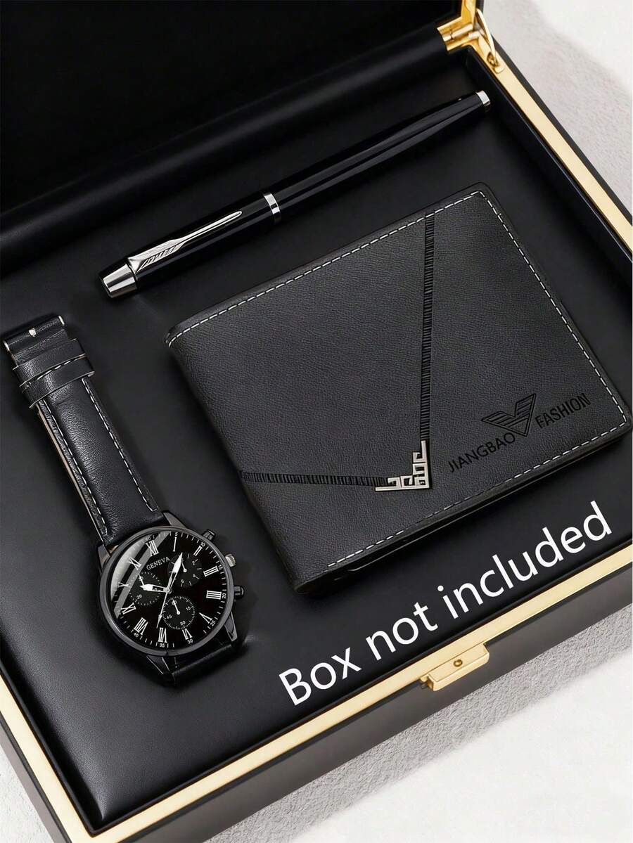 3 PiecesLuxury Business Watch Set For Men, Including 1 Black Leather Strap Quartz Watch (Roman Numeral Dial), 1 Black Embossed Wallet, And 1 Business Ballpoint Pen. The Overall Design Is Simple And Elegant With Outstanding Quality, Suitable For Wearing With A Suit. - Black - View 1
