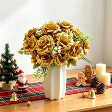 10 Artificial Roses, Wedding Decorations, Artificial Plants, Home, Restaurant, Kitchen Decorations, Holiday Party Accessories, Outdoor Garden Decorations, Christmas Decorations, Winter Decorations, Back-To-School Season. - Gold - View 10