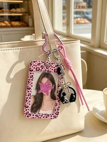 Leopard Print Card Holder Pendant With Star Pendant,Sliding Cover Retractable Card Sleeve,Personalized Fashion Card Holder,Cute Keychain Pendant - Multicolor - View 2