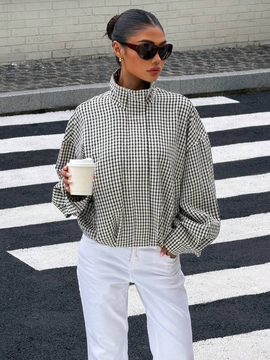 DEEKA Women's Stand Collar Long Sleeve Plaid Jacket Shacket Vacation - Lattice - View 1