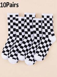 1/5/10 Pairs Men's Socks Black & White Checkerboard Mid-Calf Socks Y2K Retro Style Elastic Breathable Versatile Socks - Multicolor - View 8