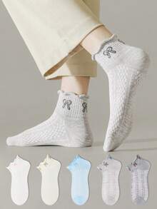 ZUJO 5 Pairs Multi-Color Women's Ruffle Short Socks, Bow Print Pattern, Simple And Comfortable, Suitable For Spring, Summer, Autumn Wear, French Country Style, Random Color Shipment - Multicolor - View 4