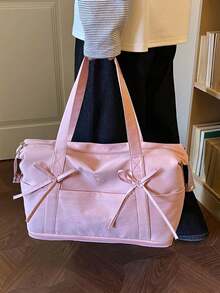 Travel Luggage Bag With Bow Embroidery And Embossed Logo Decor, Layered Storage For Clothes And Personal Items, Zipper Closure, Minimalist Soft Style Handheld Travel Bag, Suitable For Short Trips, Business Travel, Fitness, And Outings, Large Capacity Lightweight Shoulder Crossbody Bag - Pink - View 4