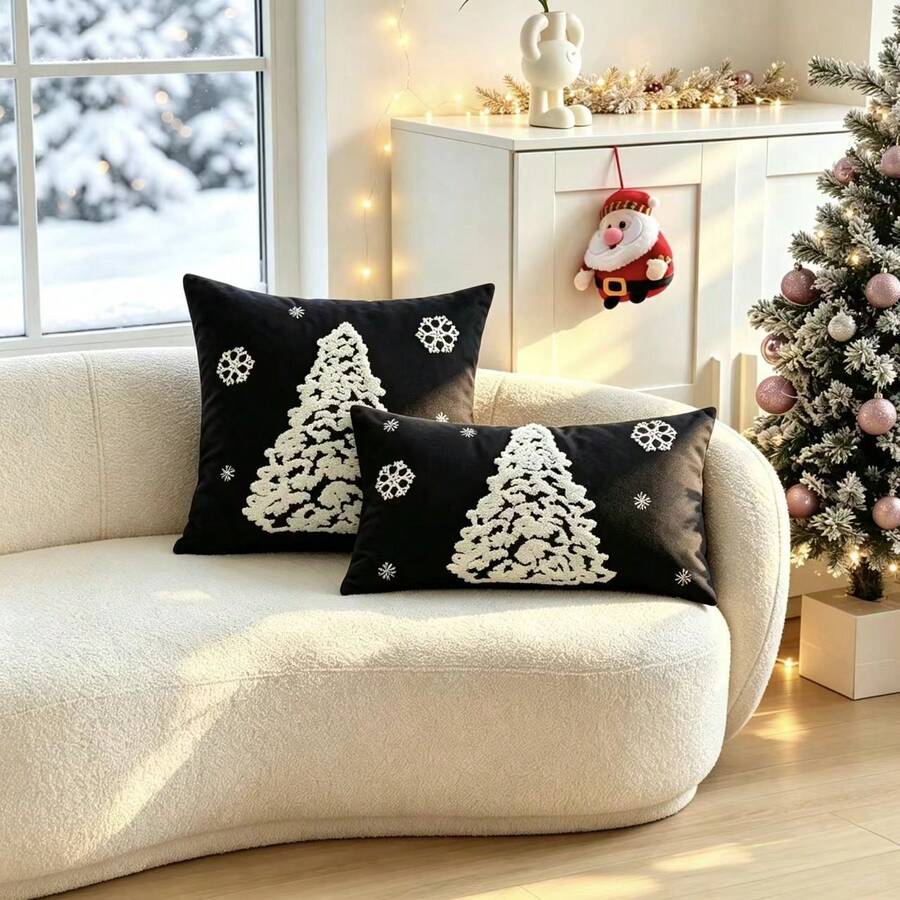 LCUHPCL 1pc Winter Atmosphere Christmas Tree Snowflake 3D Embroidered Pillow Case, Suitable For Bedroom, Living Room, Sofa, Daily Use, Party And Various Environments