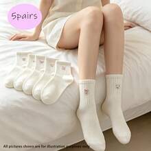 5 Pasang Kaos Kaki Kru Kartun Lucu untuk Wanita, Kaos Kaki Putih Bergaris Lembut dan Bernapas Sepanjang Betis, Motif Hewan Pita Hati Manis, Kaos Kaki Olahraga Kasual Sehari-hari, Paket Multi - Beraneka warna - View 7