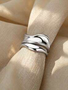 Irregular Geometric Layered Rings For Women Stainless Steel Wave Ring Waterproof Non-Fade Fashion Jewelry Gifts For Christmas,New Year,Daily Wearing - Multicolor - View 4