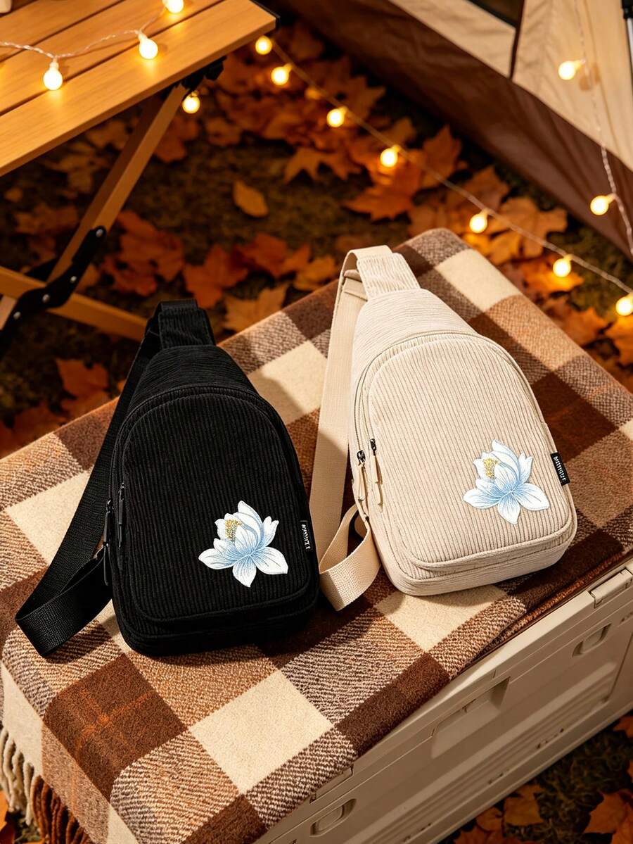 Embroidered Lotus Pattern Crossbody Bag, Unique Printed Corduroy Crossbody Bag, Adjustable Shoulder Strap, Perfect For School, Travel And Leisure - Multicolor - View 1
