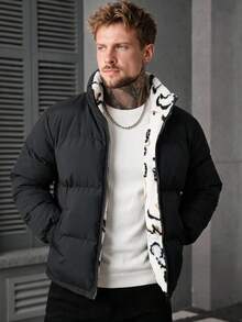 Men's Loose Fit Stand Collar Drawstring Hem Cashmere Long Sleeve Warm Zipper Thickened Jacket - Black - View 2