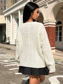 Cable Knit Off-Shoulder V-Neck Sweater, Long Sleeves, Ribbed Hem, Soft Stretch, White Fall Winter Casual Everyday Pullover For Women - Apricot - View 5