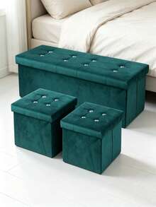 Velvet Folding Storage Ottoman Bench, Foldable Storage Footstool Cube, Button Tufted Footstool Seat Box, Multifunctional Collapsible Storage Chest For Living Room Bedroom Entryway, Space‑Saving Foot Rest Stool With Large Storage Capacity - Dark Green - View 8