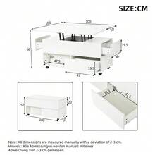 Height-Adjustable Coffee Table, 3-In-1 Multifunctional Living Room Table With Wheels, 4 Drawers, Coffee Table, For Living Room, Home Office, Convertible Into A Dining Table, White, 100x50x52cm - White - View 10