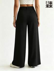 mulinsen Women Athletic Wide Leg Pants,Ribbed Texture Button Zipper Fly Fake Pocket High Waist Loose Fit,Workout Daily Street Outdoor Wear - Deep Space Black - View 5