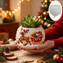 Christmas Reindeer Sleigh Pulling Gift Embossed Succulent Planter Mold, Christmas Theme Reindeer Mold, Compatible With Resin, Plaster, Cement, Concrete, Clay, DIY Handmade Embossed Decor, Home Christmas Gift - A - View 2
