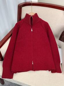 Wixra Korean Style Loose Knit Cardigan, Stand Collar Raglan Sleeve Double Zipper Top, Solid Color Preppy Style Autumn/Winter Layering Essential - Red - View 2