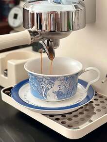 1 Set Chinese Blue And White Ceramic Coffee Cup And Saucer, Premium Ceramic Dinnerware, Breakfast Cup, Dessert Plate, Pasta Plate, Suitable For Home, Restaurant, Cafe, Gift, Party, Office - Blue - View 7