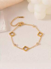 2pcs/Pc Clover Stackable Bracelet, Minimalist Gold Open Bangle And Zirconia Chain Bracelet, Women's Stainless Steel Stackable Jewelry For Daily Wear And Gift - Gold - View 4
