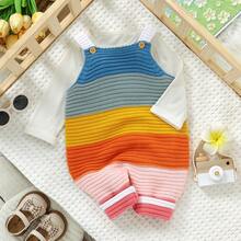 1pc Baby Girl Rainbow Striped Patchwork Knit Sleeveless Romper, Soft & Comfortable All-In-One Jumpsuit For Baby Girls - White - View 3