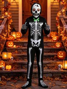 4pcs Boys' Glow-In-The-Dark Horror Bowknot, Skeleton Jumpsuit Costume For Halloween Cosplay Party Performance - Multicolor - View 4