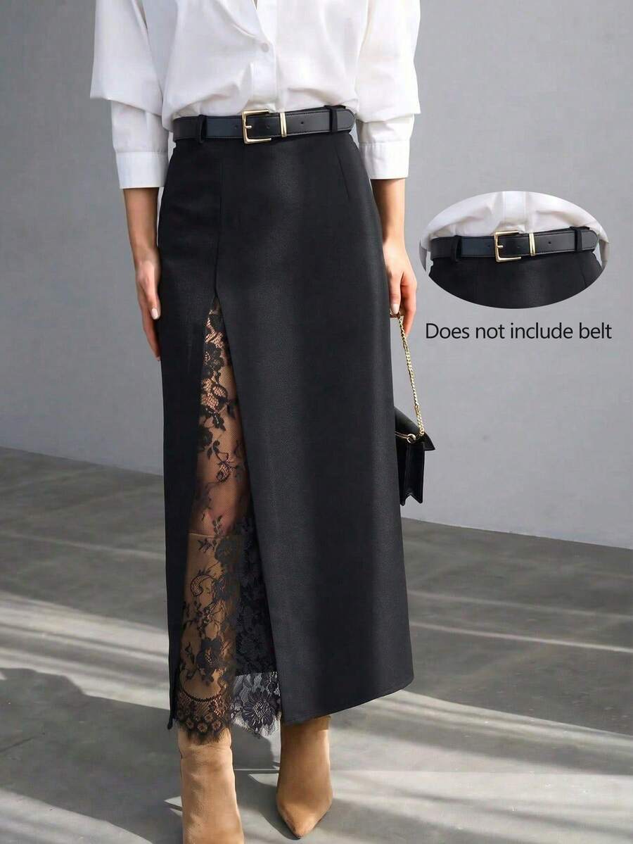 ZOREA New Autumn/Winter Women's Solid Color Midi Skirt, Lace Panel High ...