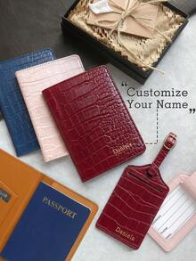 Takeoak 2 Buah Set Gantungan Paspor dengan Nama Kustom dan Label Koper, Kartu Privasi, Sampul Paspor yang Dipersonalisasi, Kotak Hadiah, Kemasan Hadiah Buaya Imitasi - Set kotak hadiah tersedia - View 2