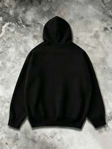 AnChiStreetwear--Plus Size Men's Casual Minimalist Slogan Print Pocket Hoodie Sweatshirt, Autumn/Winter - Black - View 3