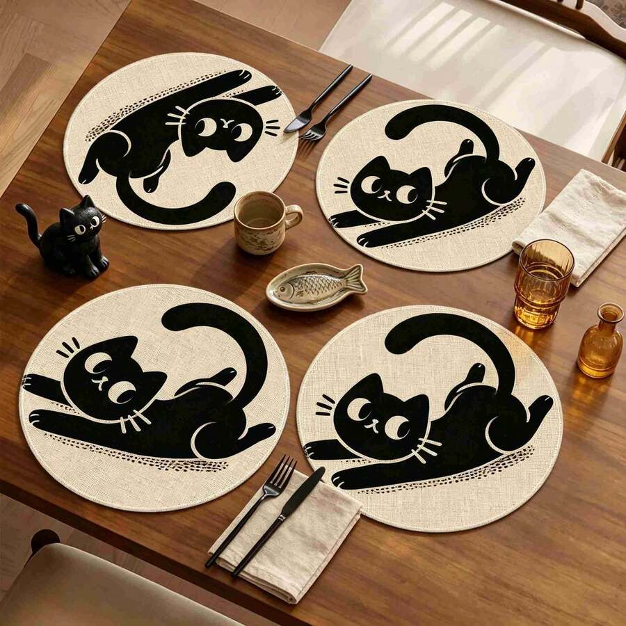 1/4/6pcs Minimalist Cartoon Black Cat Hand-Painted Pattern Placemats, Suitable For Home Kitchen, Made Of Polyester Fiber, Kitchen Table Decoration And Party Scene Decoration - Multicolor - View 1