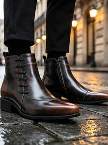 Men's Vintage Distressed Pointed Toe Short Boots British Style Side Zipper Decor Work Boots Retro Worn-In Business Casual High-Top Chelsea Boots - Brown - View 2