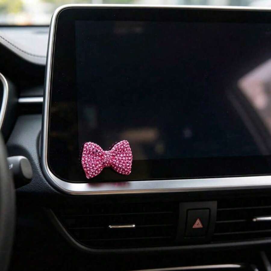 Full Rhinestone Pink Bow Car Decorative Sticker, Shiny Rhinestone Car Interior Decor, Delicate Small Pendant For Girls, Navigation Screen & Center Console Decoration - Rhinestone Bow - View 1