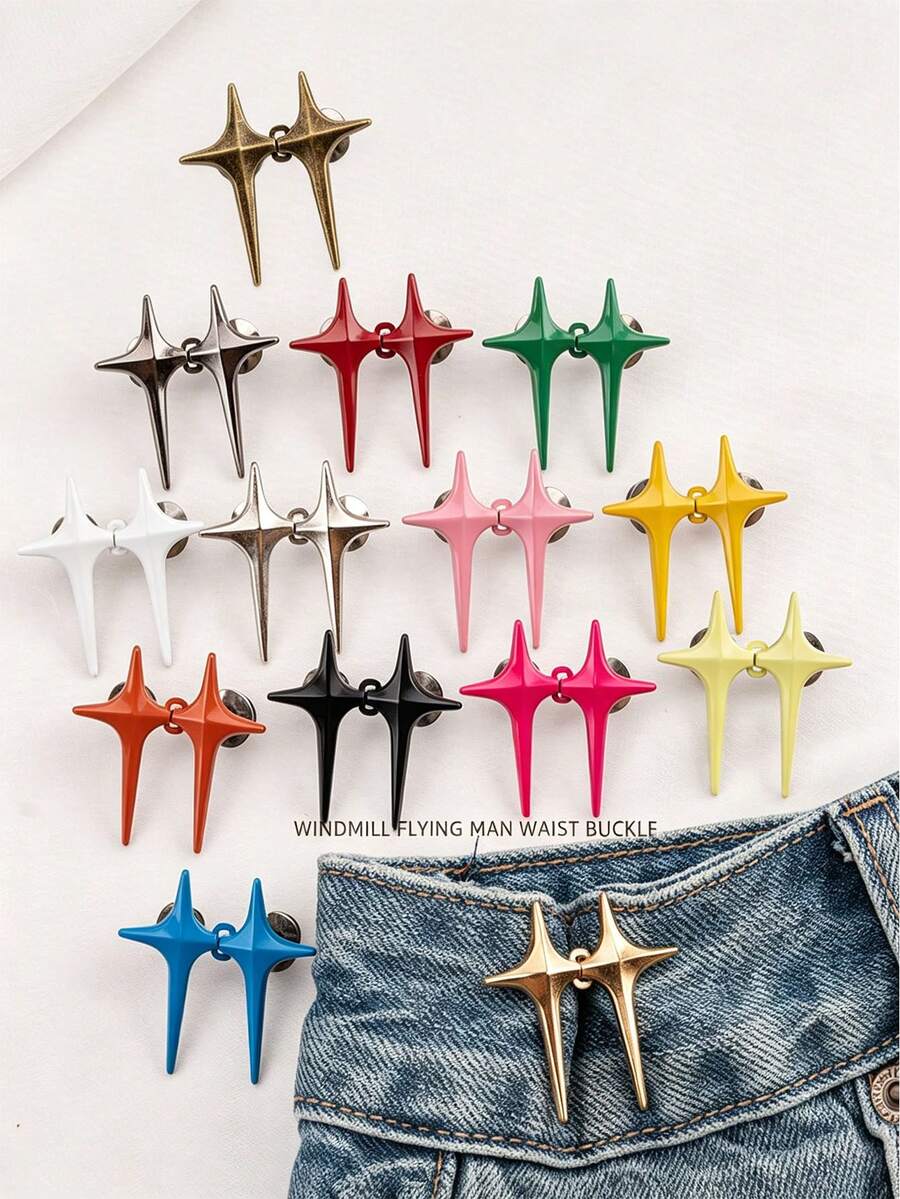 1 Set Adjustable Star-Shaped Button Waist Tightener, No-Sew No-Tool Removable Decorative Waist Buckle Set, Suitable For Loose Jeans, Pants, Skirts, Cuff Denim Button Pins