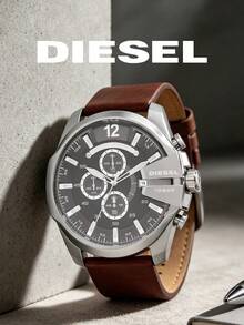 DIESEL Men's Large Dial Quartz Watch, Silver Case, Brown Leather Strap, Multifunction Chronograph, Watch - Grey - View 3