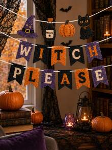 1 Set Halloween Felt Banner Set, Halloween Letter Garland With Vampire, Owl, Pumpkin, Black Cat, Ghost And Circus Pennants, Vintage Gothic Single-Layer Felt Banner With White Ribbon For Party Backdrop Wall Decor - B - View 2