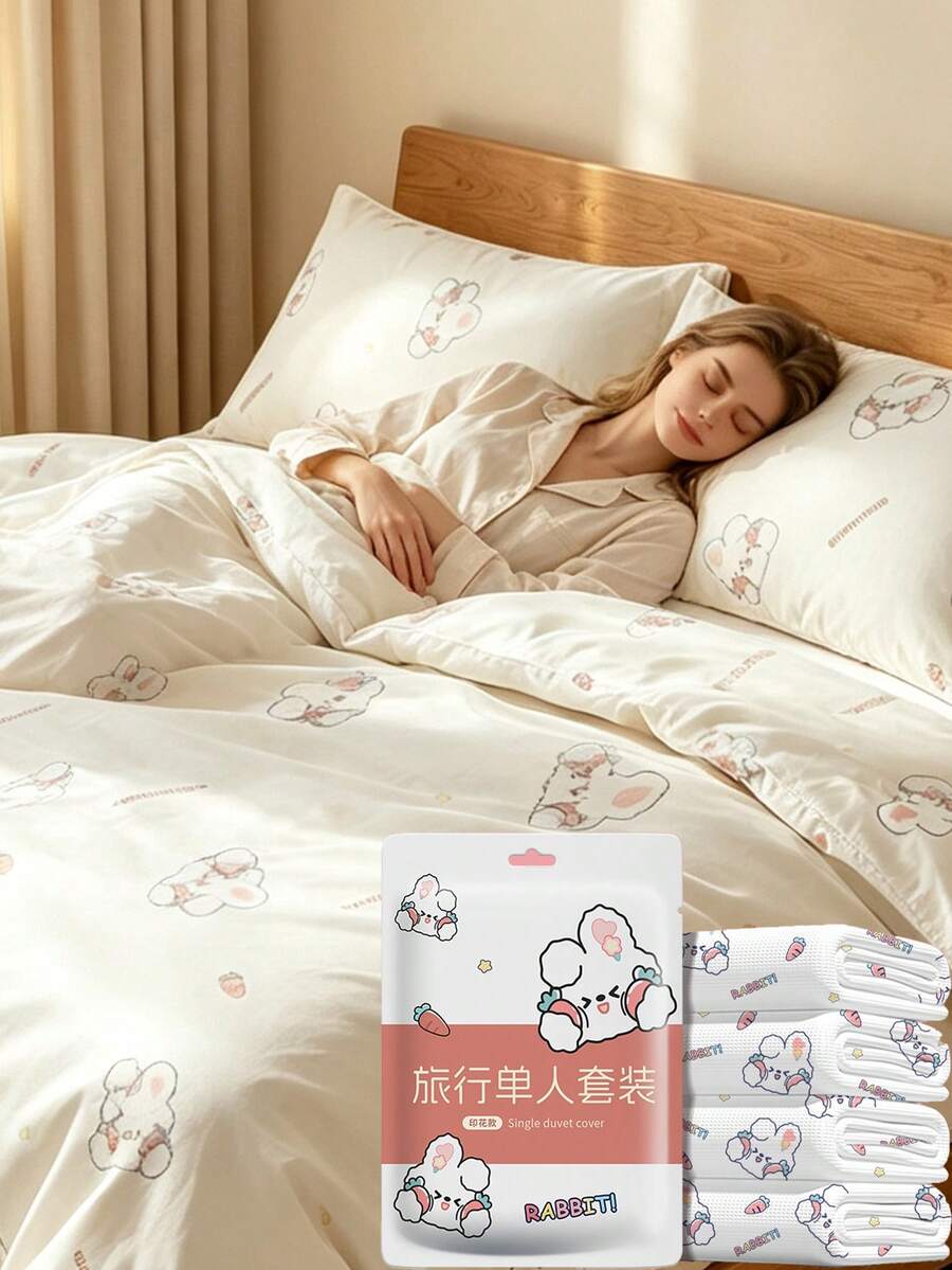 一次性加寬加厚 4 件套床上用品,適用酒店住宿,一次性床單與枕套,旅行必需品 - 彩色 - 查看 1