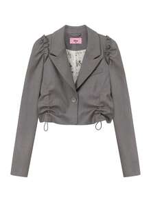 CHUU Letter Print Loose Fit Frill Trim Long Sleeve Casual Blazer Short Jacket For Women, Autumn - Grey - View 10