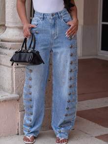 HAPPY GIRL Spring/Autumn Versatile Casual Fashion Elegant Denim Daily Vacation Women's Court Style Side Buckle Curved Leg Pants - Blue - View 3